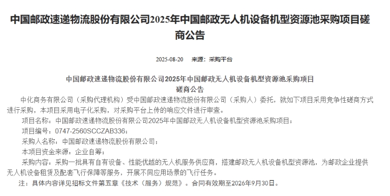 2025年中国邮政无人机设备机型资源池采购项目磋商公告发布